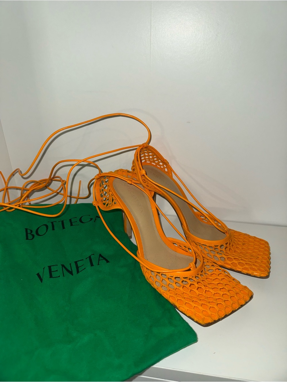 Bottega Veneta Orange Woven Lace-Up Mid-Heel Sandals